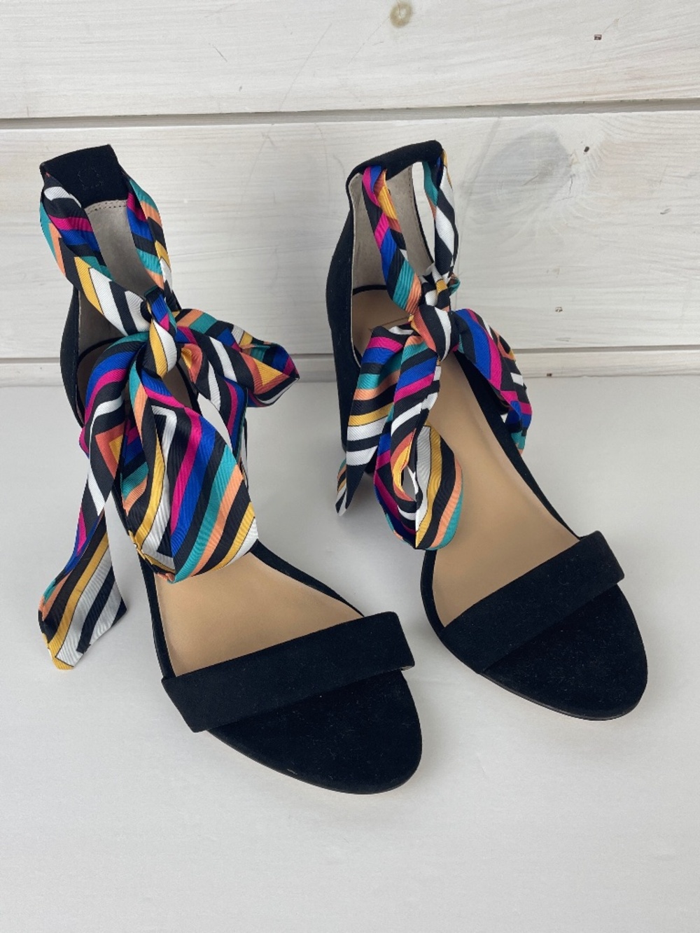 INC KANATA Black Suede Block Heel Sandals Scarf Ankle Strap Women's Size 8.5M